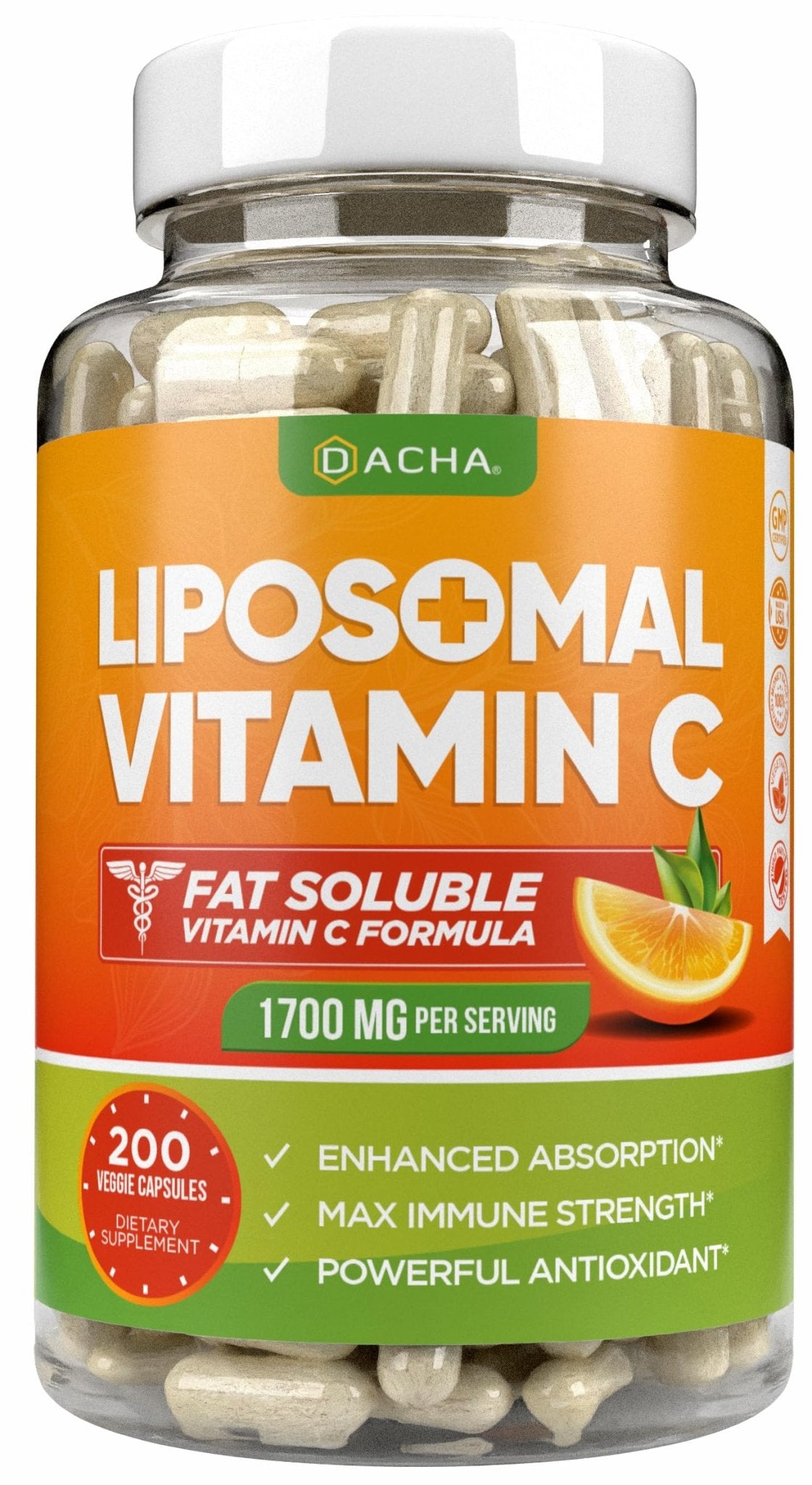DACHA Natural Liposomal Vitamin C - 1700mg, 200 Capsules, Immune System & Collagen Booster, High Absorption Fat Soluble VIT C - Maple Wellness Supplements