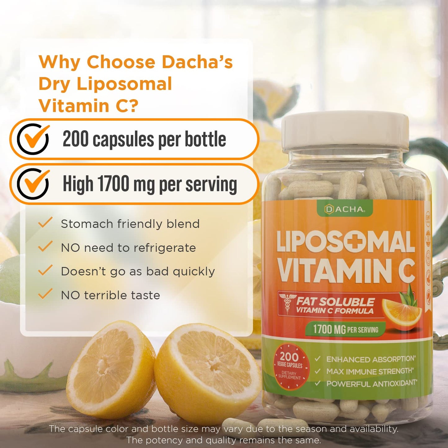 DACHA Natural Liposomal Vitamin C - 1700mg, 200 Capsules, Immune System & Collagen Booster, High Absorption Fat Soluble VIT C - Maple Wellness Supplements