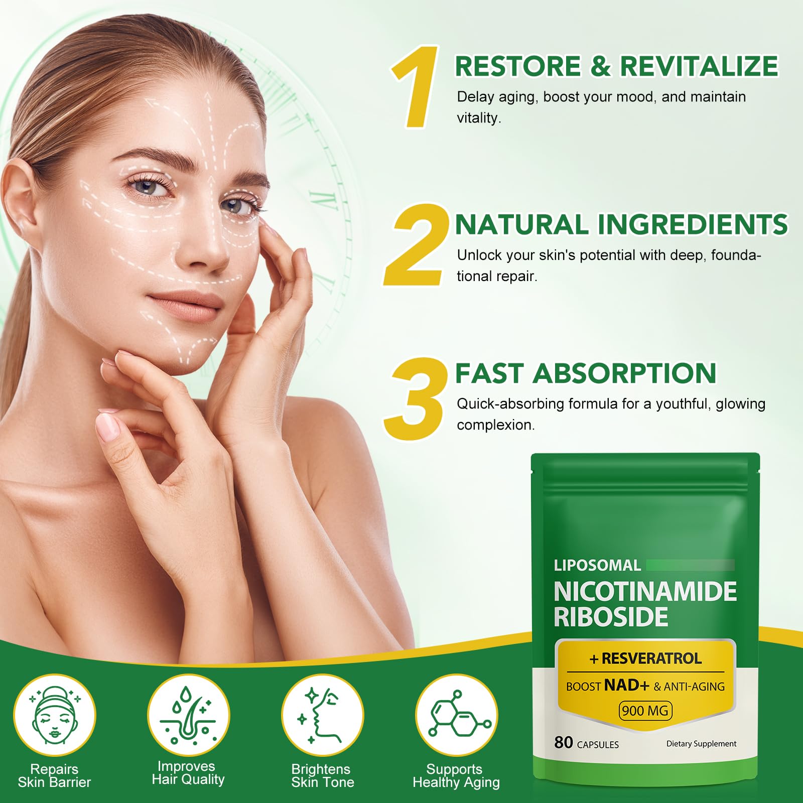 Daiasns NAD+ Supplement 900mg - Liposomal Nicotinamide Riboside & Resveratrol, Supports Muscle, Brain, Cellular Energy - NMN Supplement Alternative for Men and Women, 80 Capsules (Pack of 1) - Maple Wellness Supplements
