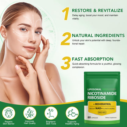 Daiasns NAD+ Supplement 900mg - Liposomal Nicotinamide Riboside & Resveratrol, Supports Muscle, Brain, Cellular Energy - NMN Supplement Alternative for Men and Women, 80 Capsules (Pack of 1) - Maple Wellness Supplements