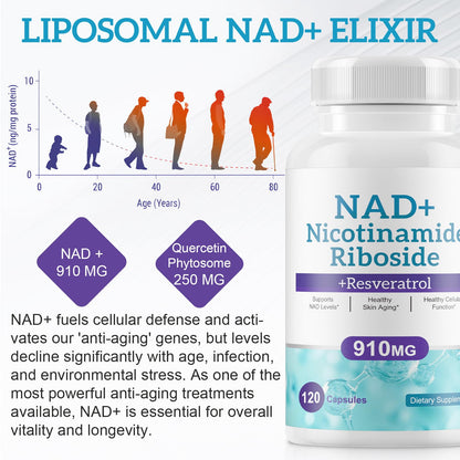 Daiasns NAD Supplement for Men and Women - Liposomal Nicotinamide Riboside, Quercetin, NAD+ Supplement with Resveratrol 910mg - Supports Muscle, Brain, Energy, 120 Capsules - Maple Wellness Supplements