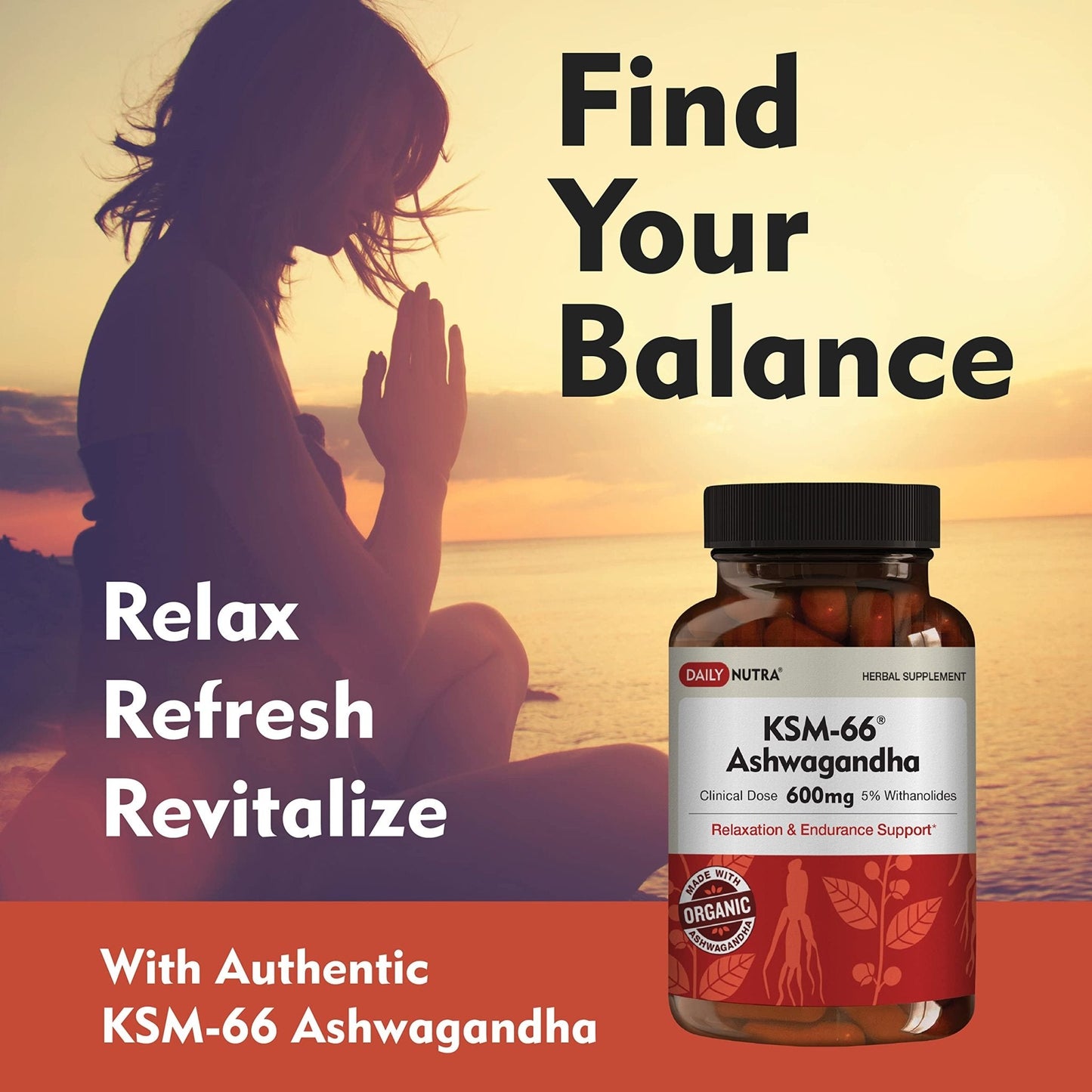 DailyNutra KSM-66 Ashwagandha 600mg Organic Root Extract - High Potency Supplement with 5% Withanolides | Relieves Tiredness, Supports Relaxation, Focus, Energy, & Muscle Growth (90 Capsules) - Maple Wellness Supplements