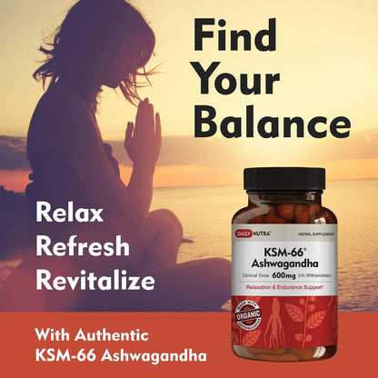 DailyNutra KSM-66 Ashwagandha 600mg Organic Root Extract - High Potency Supplement with 5% Withanolides | Relieves Tiredness, Supports Relaxation, Focus, Energy, & Muscle Growth (90 Capsules) - Maple Wellness Supplements