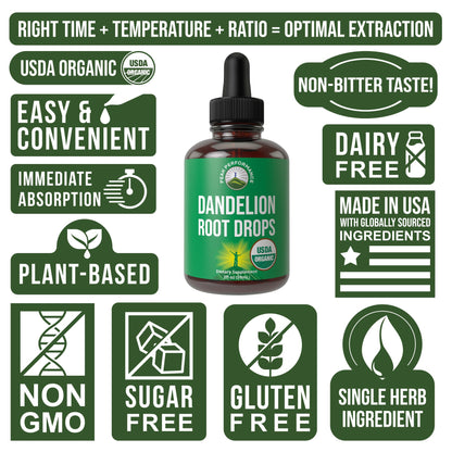 Dandelion Root Extract. USDA Organic Vegan Herbal Liquid Tincture Dandelions Supplement for Women and Men. Leaf Tonic for Immune, Liver, Gut Health. Zero Sugar, Gluten Free Supplements Not Capsules - Maple Wellness Supplements