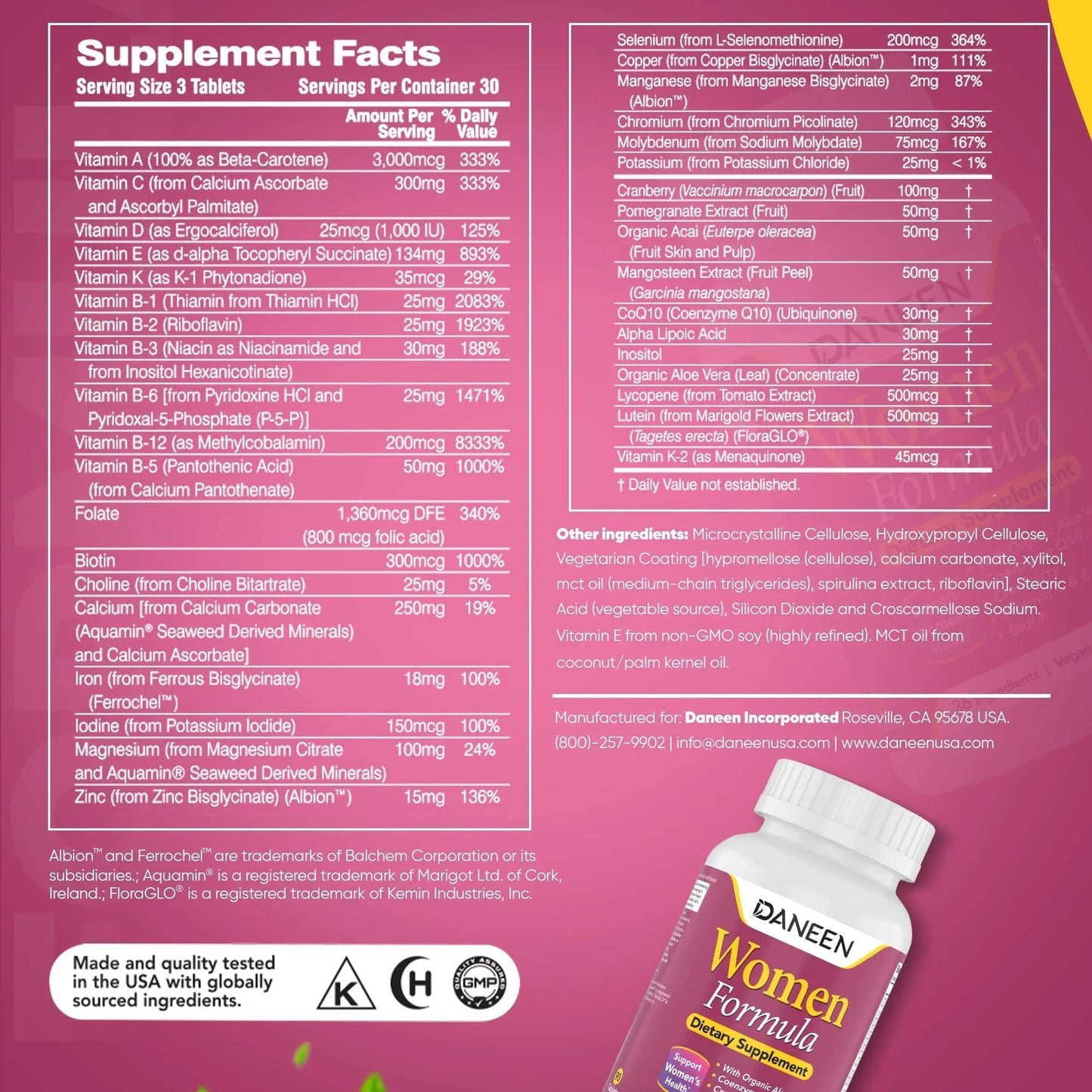 DANEEN Daily Multivitamin for Women - 36 Essential Ingredients - 90 Tablets - Vitamins for Women Multivitamin - Maple Wellness Supplements