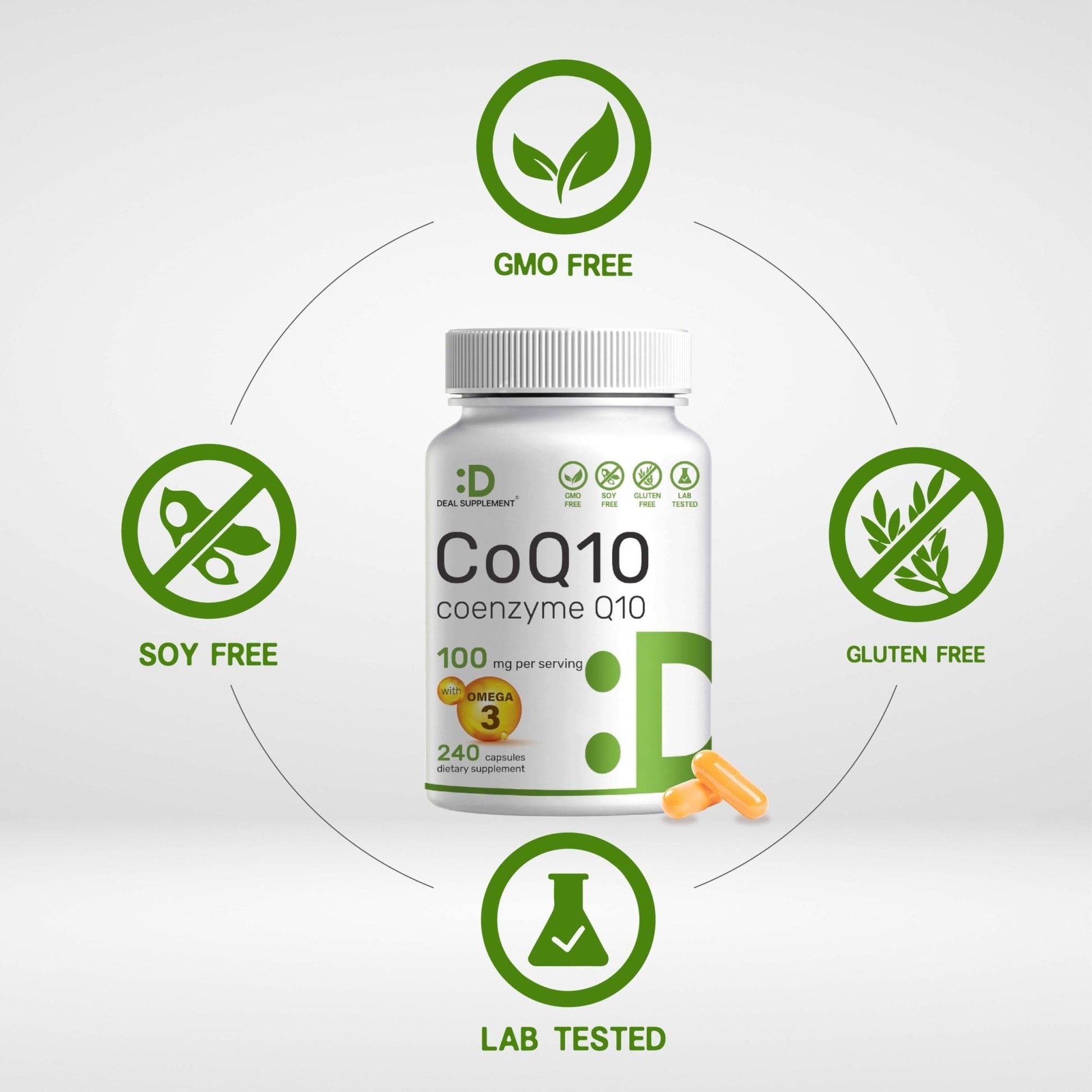 DEAL SUPPLEMENT CoQ10 100mg with Omega 3 100mg, 240 Capsules | Bioavailable Coenzyme Q10 Formula | Non-GMO - Maple Wellness Supplements