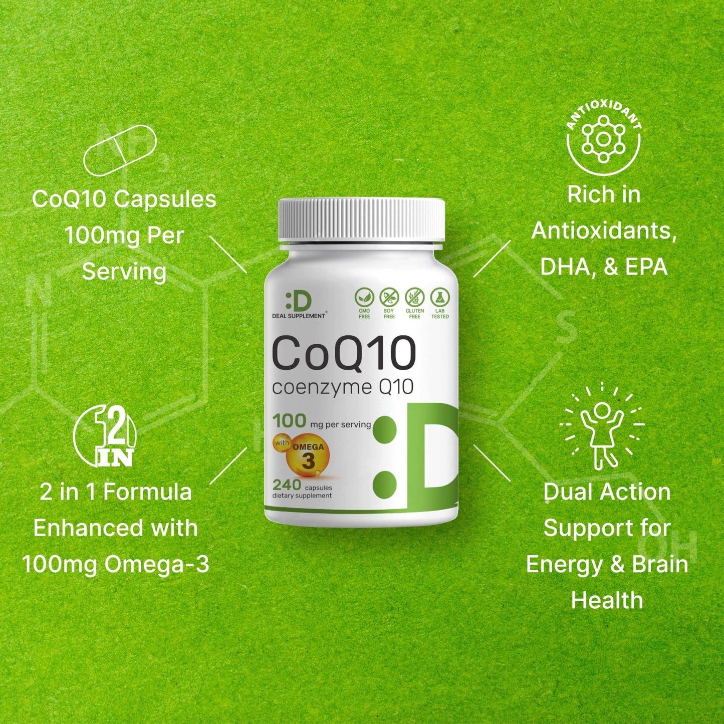 DEAL SUPPLEMENT CoQ10 100mg with Omega 3 100mg, 240 Capsules | Bioavailable Coenzyme Q10 Formula | Non-GMO - Maple Wellness Supplements