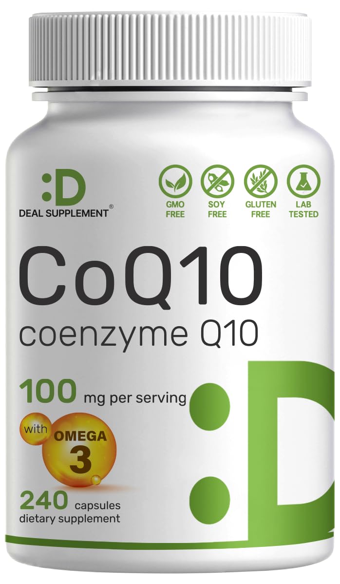 DEAL SUPPLEMENT CoQ10 100mg with Omega 3 100mg, 240 Capsules | Bioavailable Coenzyme Q10 Formula | Non-GMO - Maple Wellness Supplements