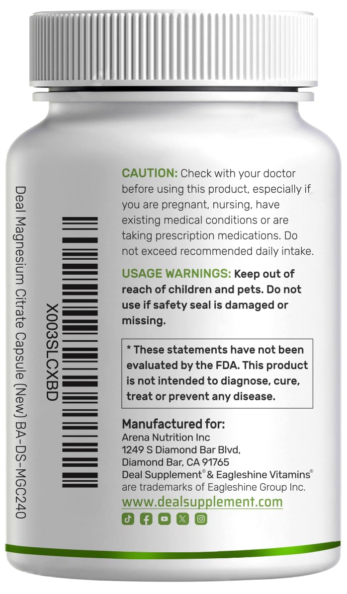 DEAL SUPPLEMENT Magnesium Citrate 500mg, 240 Capsules | Easily Absorbed, Purified Trace Mineral – One a Day, Non-GMO - Maple Wellness Supplements