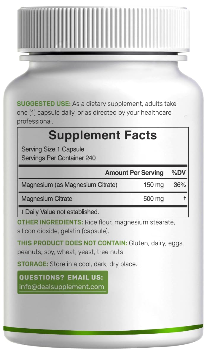 DEAL SUPPLEMENT Magnesium Citrate 500mg, 240 Capsules | Easily Absorbed, Purified Trace Mineral – One a Day, Non-GMO - Maple Wellness Supplements