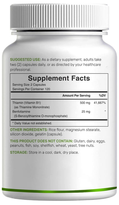 DEAL SUPPLEMENT Vitamin B1 500mg with Benfotiamine, 240 Capsules – 2 in 1 Enhanced Formula – Fat & Water Soluble Thiamine B1 Supplement - Maple Wellness Supplements