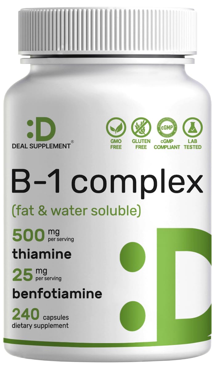 DEAL SUPPLEMENT Vitamin B1 500mg with Benfotiamine, 240 Capsules – 2 in 1 Enhanced Formula – Fat & Water Soluble Thiamine B1 Supplement - Maple Wellness Supplements