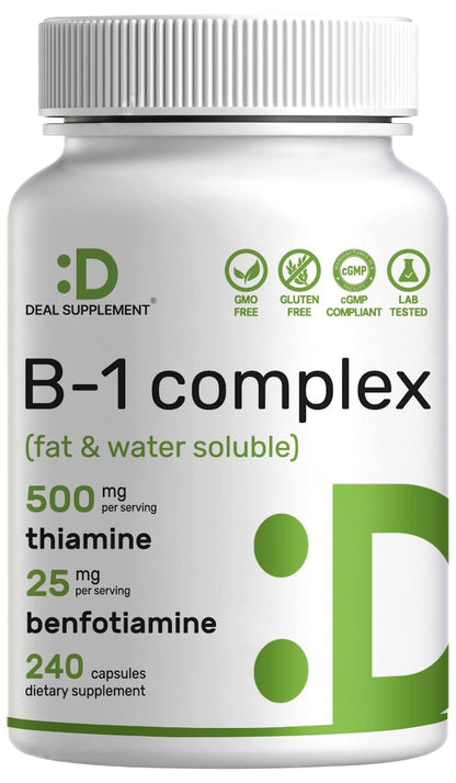 DEAL SUPPLEMENT Vitamin B1 500mg with Benfotiamine, 240 Capsules – 2 in 1 Enhanced Formula – Fat & Water Soluble Thiamine B1 Supplement - Maple Wellness Supplements