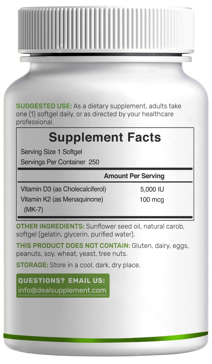 DEAL SUPPLEMENT Vitamin D3 5,000 IU + K2 MK7 Softgels, 250 Count | 2-in-1 Complex | Easy to Swallow - Maple Wellness Supplements