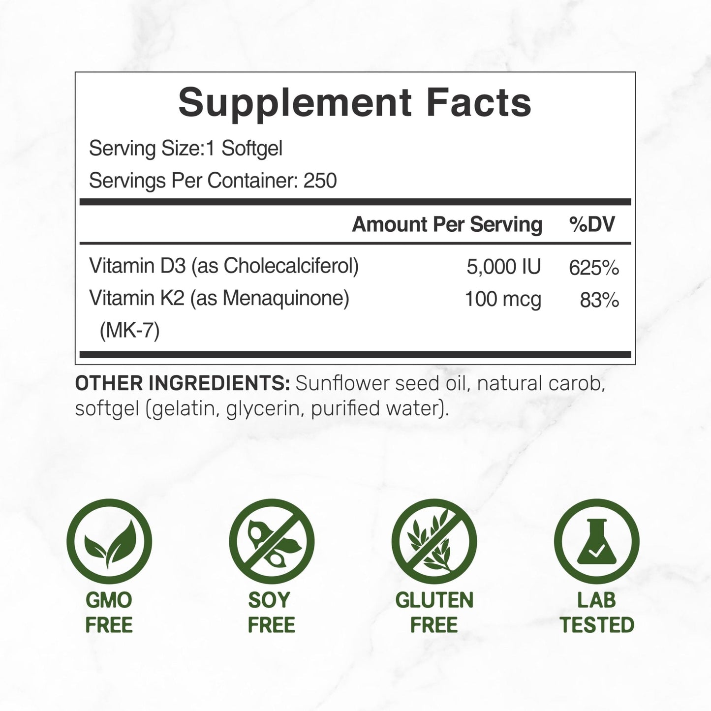 DEAL SUPPLEMENT Vitamin D3 5,000 IU + K2 MK7 Softgels, 250 Count | 2-in-1 Complex | Easy to Swallow - Maple Wellness Supplements