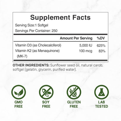 DEAL SUPPLEMENT Vitamin D3 5,000 IU + K2 MK7 Softgels, 250 Count | 2-in-1 Complex | Easy to Swallow - Maple Wellness Supplements