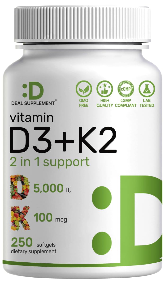 DEAL SUPPLEMENT Vitamin D3 5,000 IU + K2 MK7 Softgels, 250 Count | 2-in-1 Complex | Easy to Swallow - Maple Wellness Supplements