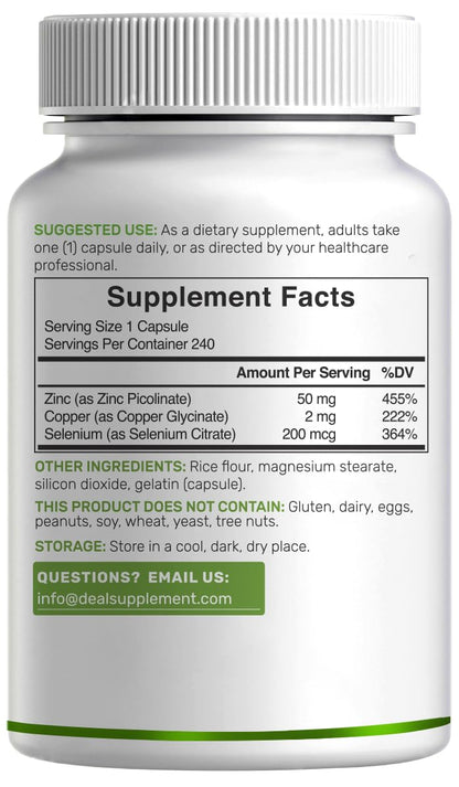 Deal Supplement Zinc 50mg with Selenium + Copper, 240 Capsules, 8 Month Supply, 3 in 1 Mineral Formula, Zinc Picolinate Complex Supplement - Maple Wellness Supplements