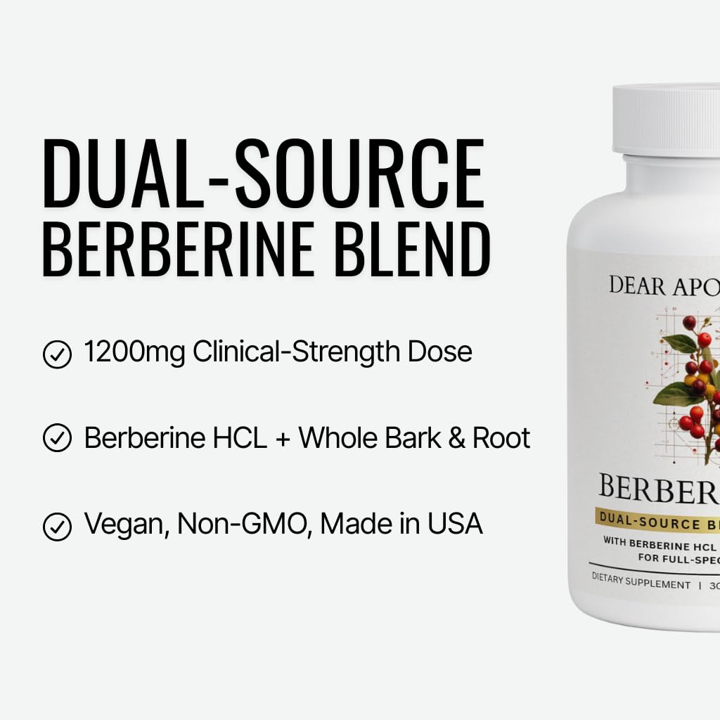 Dear Apothecary Berberine HCl 1200mg Supplement - Dual Source Bark & Root Extract - Berberis Aristata - USA Grown Botanical Extract - Maple Wellness Supplements