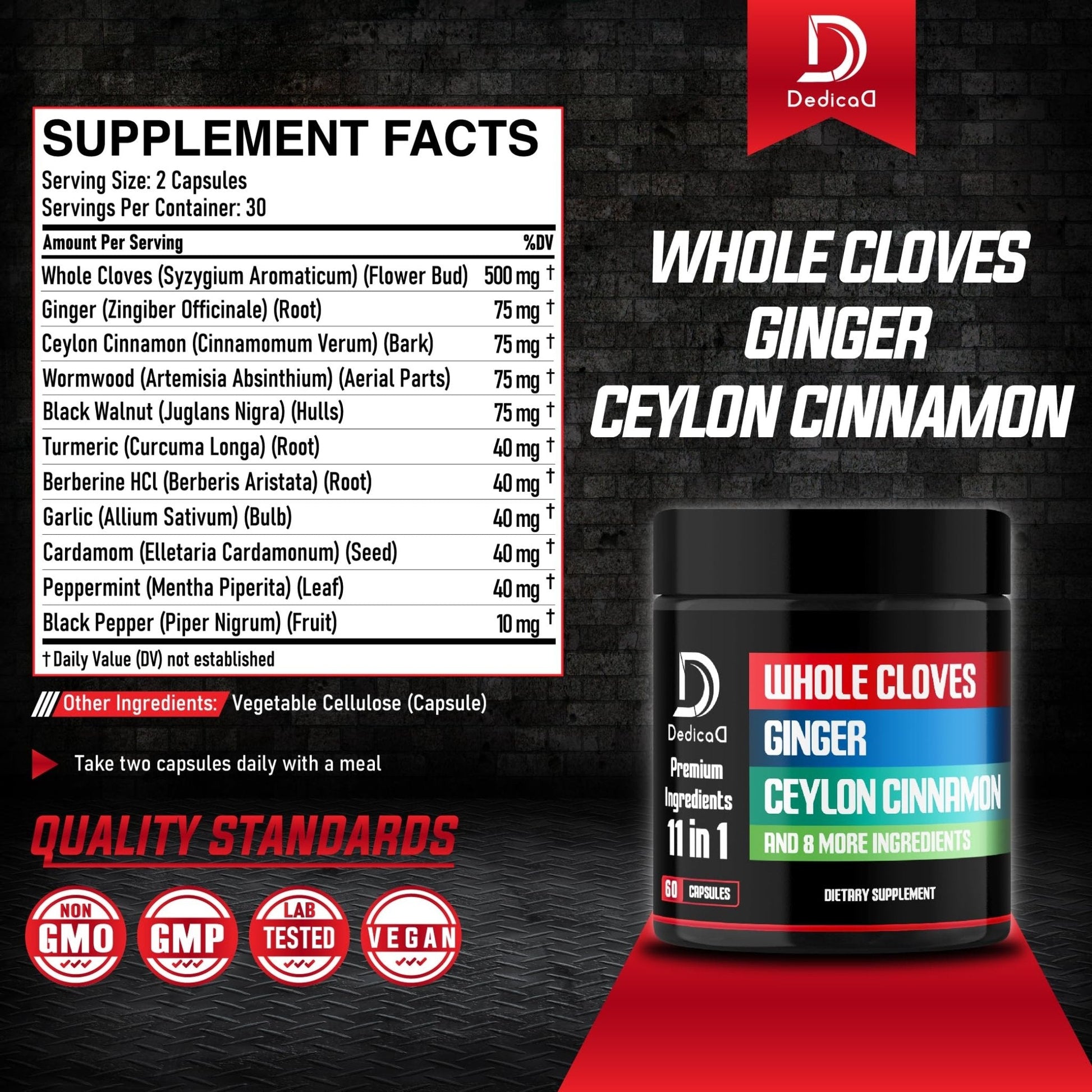 DEDICAD 11in1 Cloves Supplement with Ginger, Ceylon Cinnamon and 8 Other More - Digestive, Immune System, Mood Support - 60 Capsules - 30 Days Supply - Maple Wellness Supplements