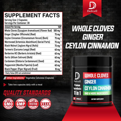 DEDICAD 11in1 Cloves Supplement with Ginger, Ceylon Cinnamon and 8 Other More - Digestive, Immune System, Mood Support - 60 Capsules - 30 Days Supply - Maple Wellness Supplements