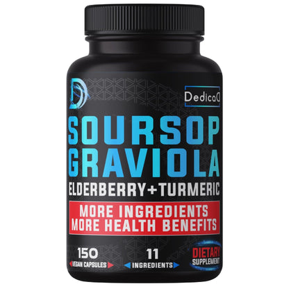 DEDICAD 11in1 Graviola Soursop Capsules for 5 Months Supply with Soursop Fruit, Elderberry, Turmeric, Ginger, Milk Thistle, Cranberry & More - Mood - 150 Vegan Capsules - Maple Wellness Supplements