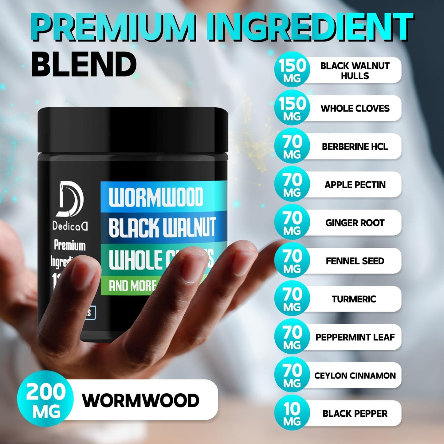 DEDICAD 11in1 Wormwood Capsules - 180 Capsules Extracted from Black Walnut, Cloves, Ginger, Turmeric, Apple, Berberine HCl & More - Support Immune System for 3 Months - Maple Wellness Supplements