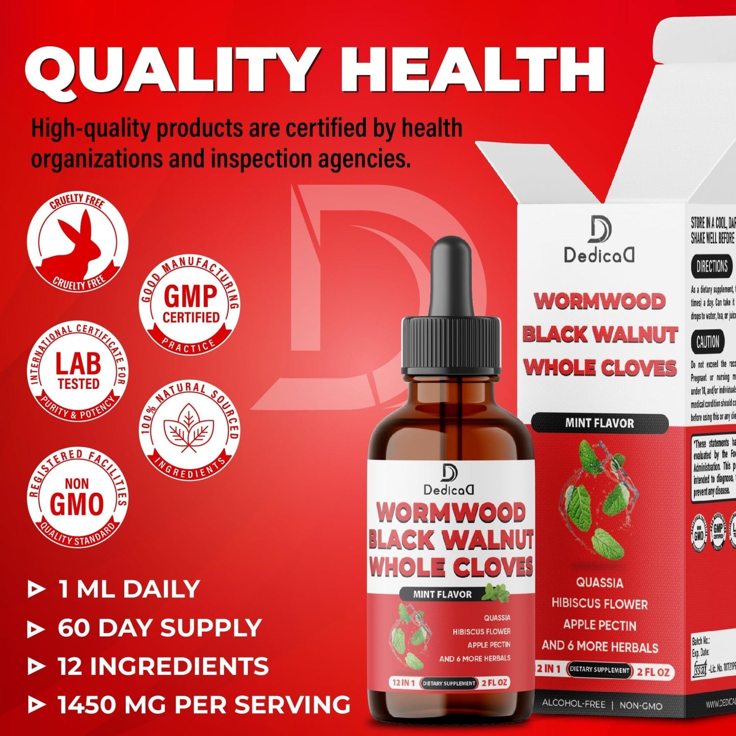 DEDICAD 12in1 Wormwood Liquid Drops Added Black Walnut, Whole Cloves and 9 More Herbs - 2 Fl Oz - 60 Days Supply - Mint Flavor - Maple Wellness Supplements