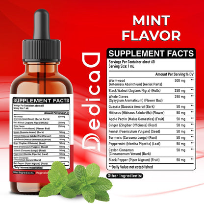 DEDICAD 12in1 Wormwood Liquid Drops Added Black Walnut, Whole Cloves and 9 More Herbs - 2 Fl Oz - 60 Days Supply - Mint Flavor - Maple Wellness Supplements