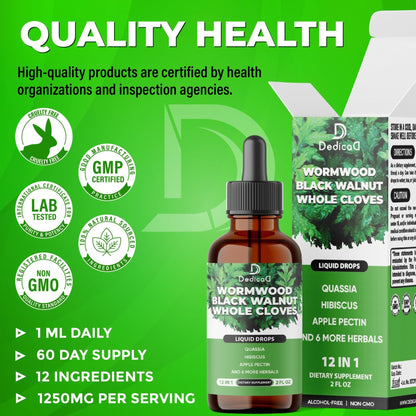 DEDICAD 12in1 Wormwood Liquid Drops - Black Walnut Wormwood Tincture Liquid Extract Whole Cloves and 9 More Herbs - 60 Days Supply - Maple Wellness Supplements