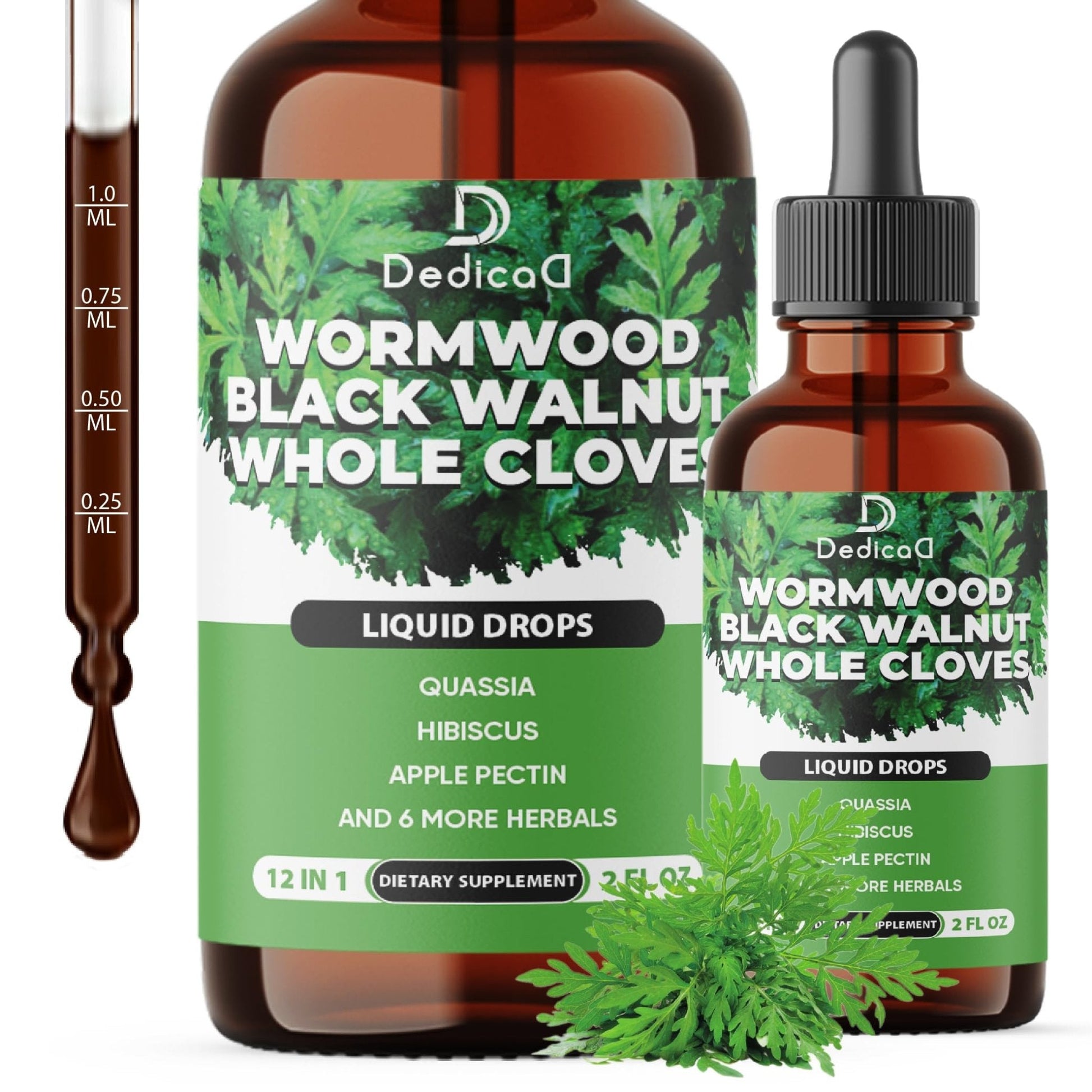 DEDICAD 12in1 Wormwood Liquid Drops - Black Walnut Wormwood Tincture Liquid Extract Whole Cloves and 9 More Herbs - 60 Days Supply - Maple Wellness Supplements