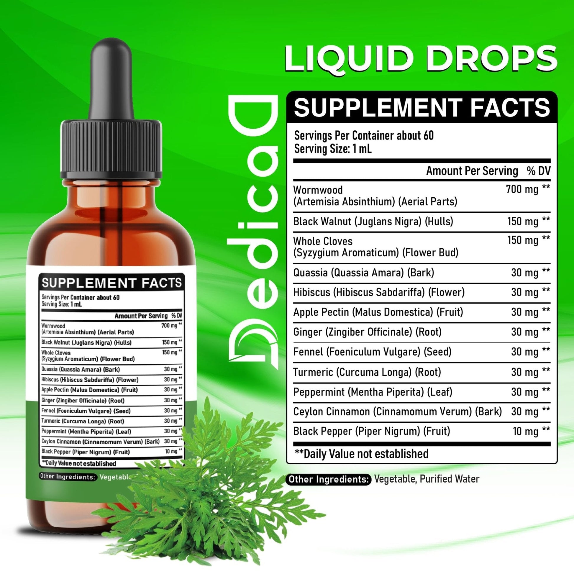 DEDICAD 12in1 Wormwood Liquid Drops - Black Walnut Wormwood Tincture Liquid Extract Whole Cloves and 9 More Herbs - 60 Days Supply - Maple Wellness Supplements