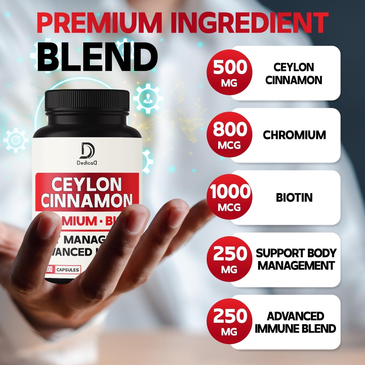 DEDICAD 13in1 Ceylon Cinnamon Capsules - 200 Capsules with Chromium Picolinate, Biotin, Grape Seed, Elderberry & More - Maple Wellness Supplements