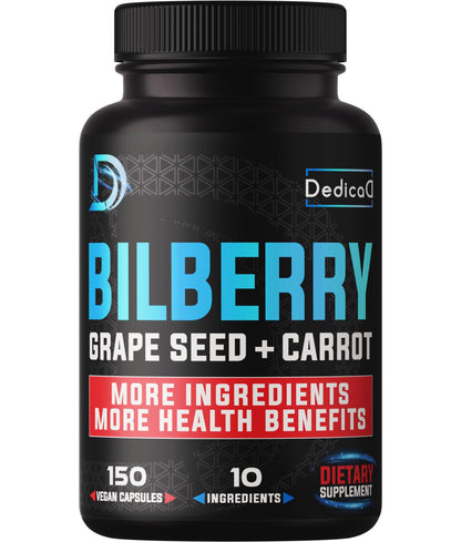 DEDICAD 20:1 Bilberry Extract Capsules - 5 Month Supply - Support Eyes, Vision & Heart Health - 10in1 Plus Grape Seed, Carrot, Elderberry, Eyebright & Others - 150 Counts - Maple Wellness Supplements
