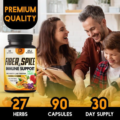 DEDICAD 27in1 Fiber and Spice Supplement - Combined with Organic Psyllium, Whole Apple, Elderberry & More - Support Mood, Body & Immunity - 90 Capsules for 1 Month - Maple Wellness Supplements