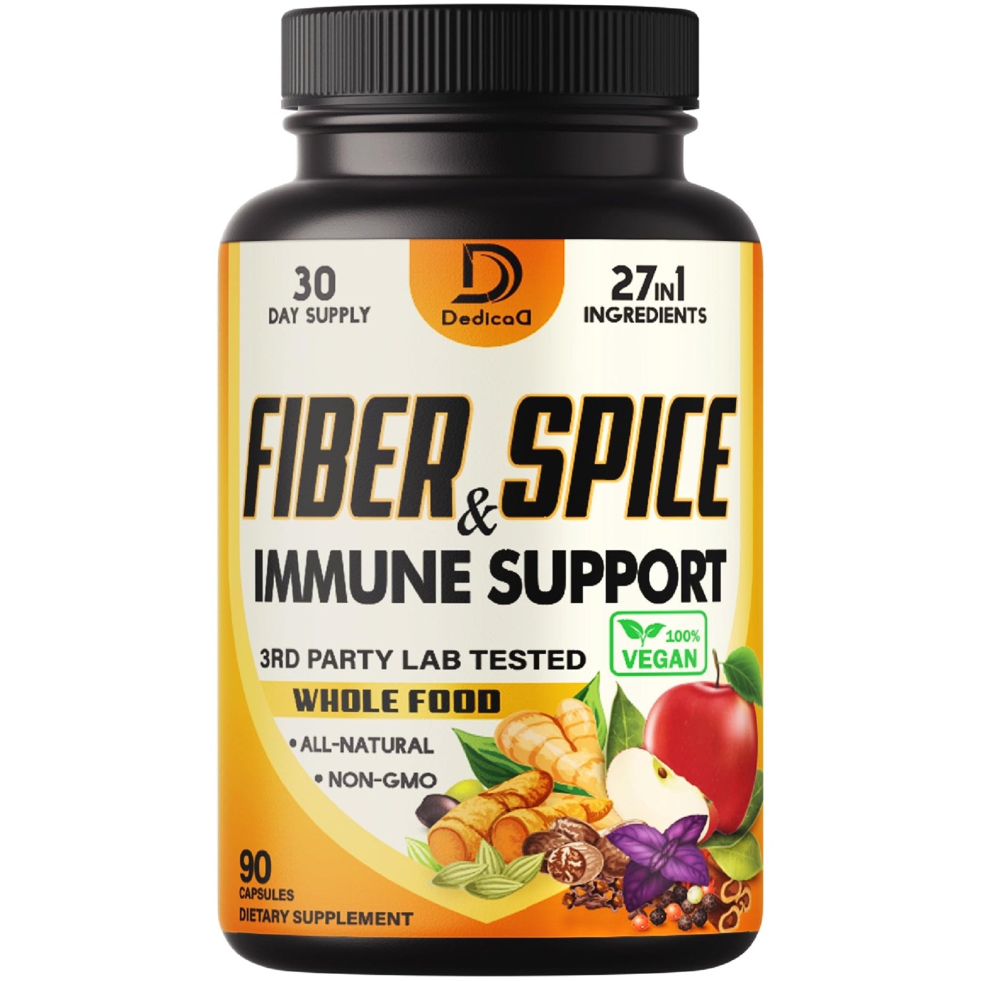 DEDICAD 27in1 Fiber and Spice Supplement - Combined with Organic Psyllium, Whole Apple, Elderberry & More - Support Mood, Body & Immunity - 90 Capsules for 1 Month - Maple Wellness Supplements