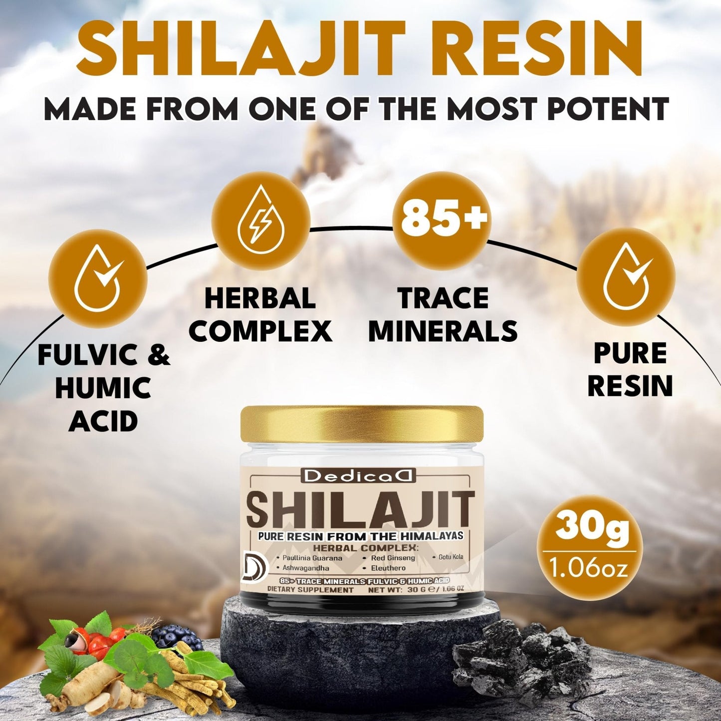 DEDICAD 30g Shilajit Resin with Herbal Complex - Paullinia Guarana, Gotu Kola Leaf & More - Shilajit Pure Himalayan Organic for Immune System, Energy Production, Brain Health & Stamina - Maple Wellness Supplements