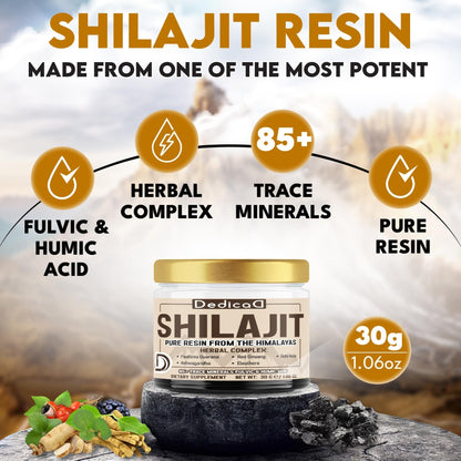 DEDICAD 30g Shilajit Resin with Herbal Complex - Paullinia Guarana, Gotu Kola Leaf & More - Shilajit Pure Himalayan Organic for Immune System, Energy Production, Brain Health & Stamina - Maple Wellness Supplements