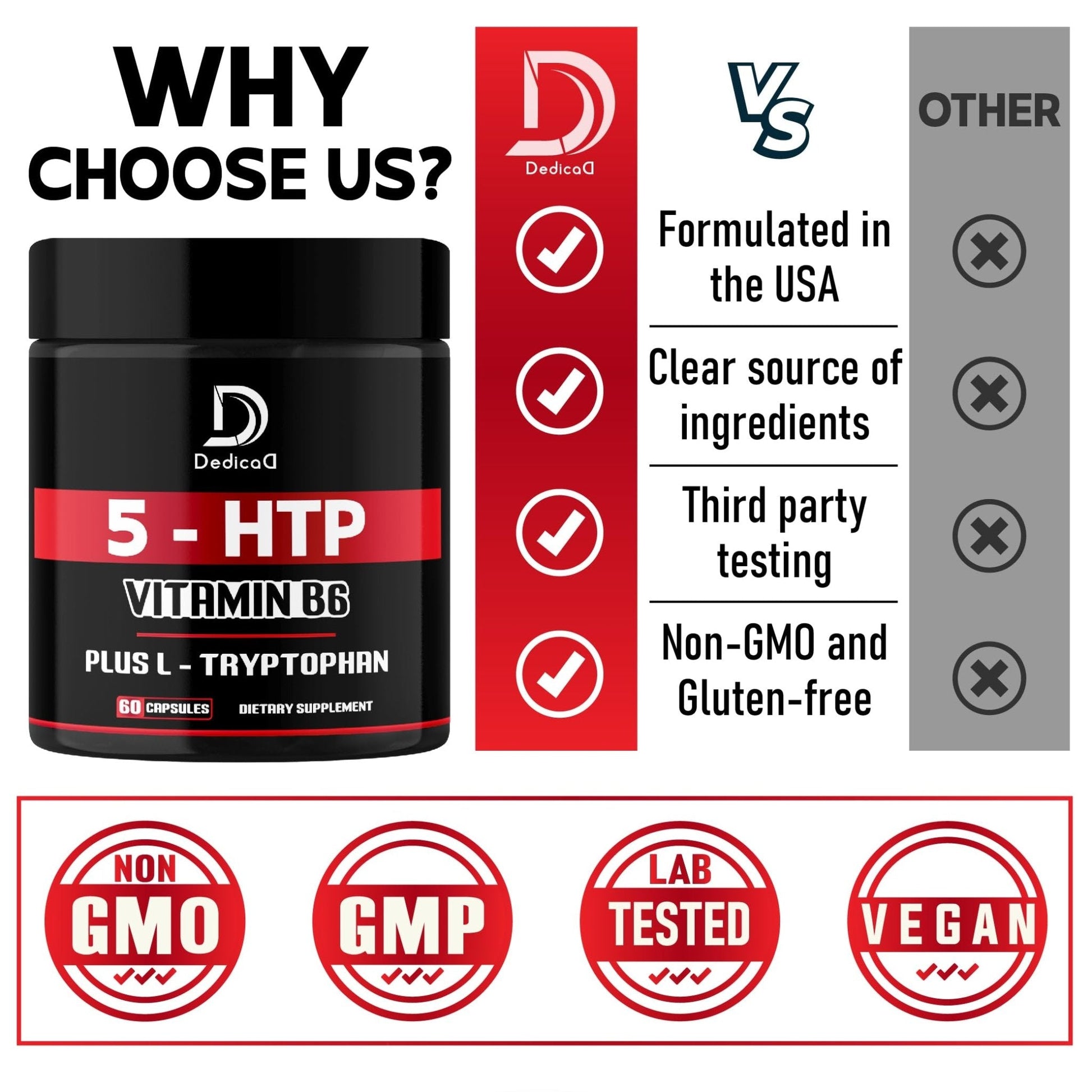 DEDICAD 5 HTP Supplement 1010mg - 60 Capsules - 3in1 Combined with Vitamin B6, L-Tryptophan - Comfortable Mood, Brain Health, Body Management & Immune System Support - Maple Wellness Supplements
