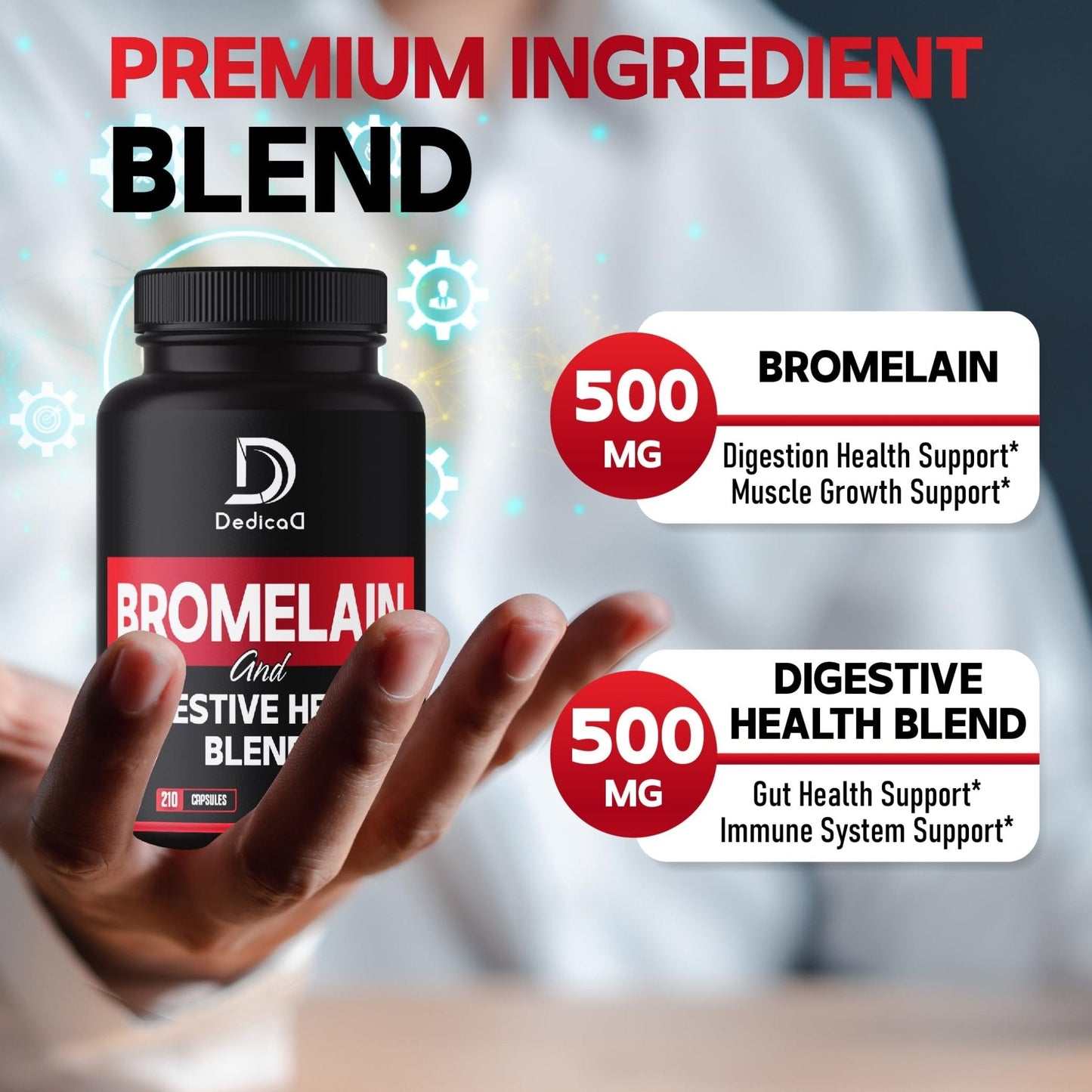 DEDICAD 6in1 Bromelain 500mg Supplement - 1000mg per Serving - 210 Capsules with Digestive Health Blend as Quercetin, Ginger, Turmeric, Papaya - Support Overall Health, Digestion & Immune System - Maple Wellness Supplements