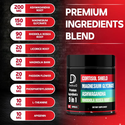 DEDICAD 9in1 Cortisol Shield - Magnesium Glycinate & Ashwagandha with Rhodiola, Phosphatidylserine, Passion Flower, L-Theanine, Apigenin, Licorice, Magnolia - Rest Well & Mood Balance - 60 Count - Maple Wellness Supplements