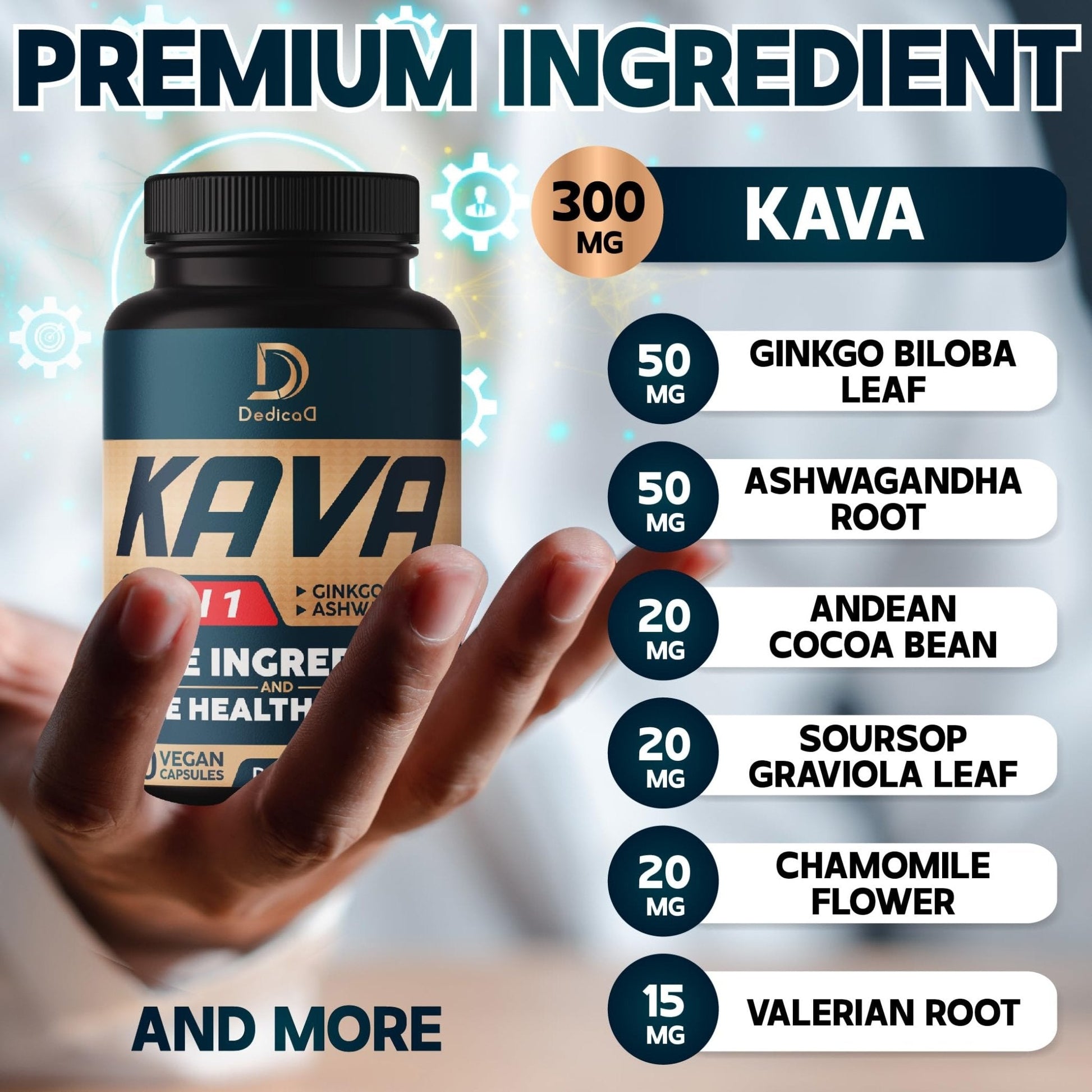 DEDICAD Kava Kava Capsules - 3 Month Supply - 9 Herbs with Ginkgo Biloba, Ashwagandha Root, Andean Cocoa, Graviola Leaf, Chamomile, Valerian, Lemon Balm & Skullcap - Support Mood & Immune - 90 Pills - Maple Wellness Supplements