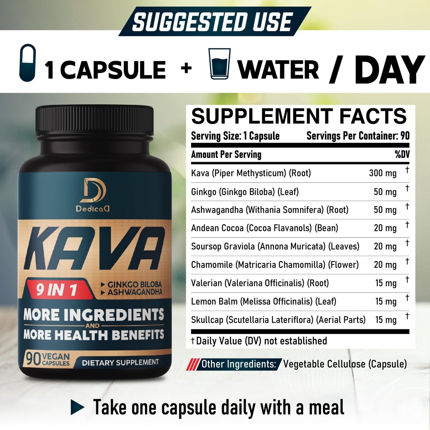 DEDICAD Kava Kava Capsules - 3 Month Supply - 9 Herbs with Ginkgo Biloba, Ashwagandha Root, Andean Cocoa, Graviola Leaf, Chamomile, Valerian, Lemon Balm & Skullcap - Support Mood & Immune - 90 Pills - Maple Wellness Supplements