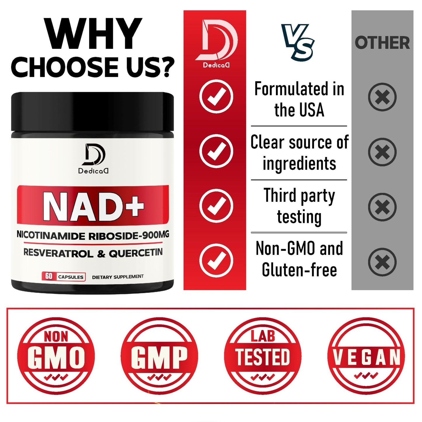 DEDICAD NAD Supplement with Nicotinamide Riboside, Trans-Resveratrol, Quercetin - Cellular Energy & Repair, Vitality, Healthy Aging - 60 Count - Maple Wellness Supplements