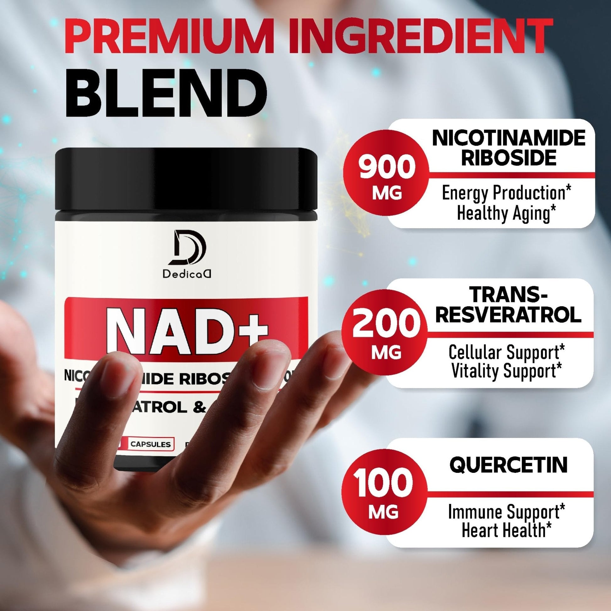 DEDICAD NAD Supplement with Nicotinamide Riboside, Trans-Resveratrol, Quercetin - Cellular Energy & Repair, Vitality, Healthy Aging - 60 Count - Maple Wellness Supplements
