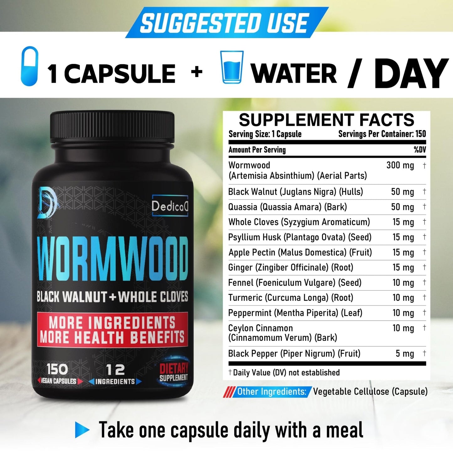 DEDICAD Premium Wormwood Extract Capsules - 5 Month Supply for Immune - 12 Herbs Blended with Black Walnut Leaves, Ginger, Turmeric & More - 150 Counts - Maple Wellness Supplements
