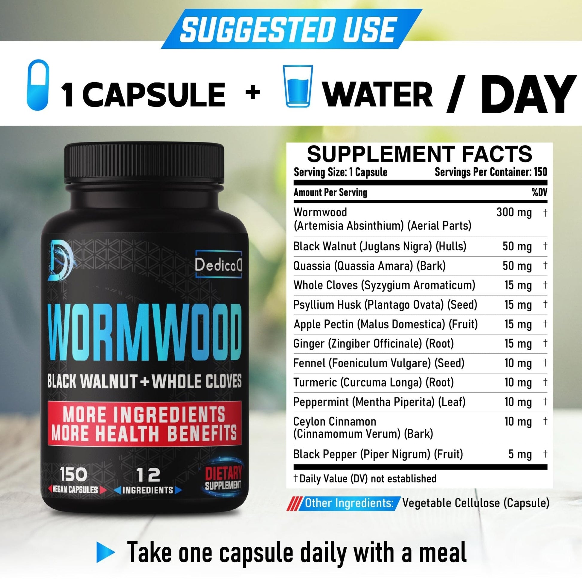 DEDICAD Premium Wormwood Extract Capsules - 5 Month Supply for Immune - 12 Herbs Blended with Black Walnut Leaves, Ginger, Turmeric & More - 150 Counts - Maple Wellness Supplements