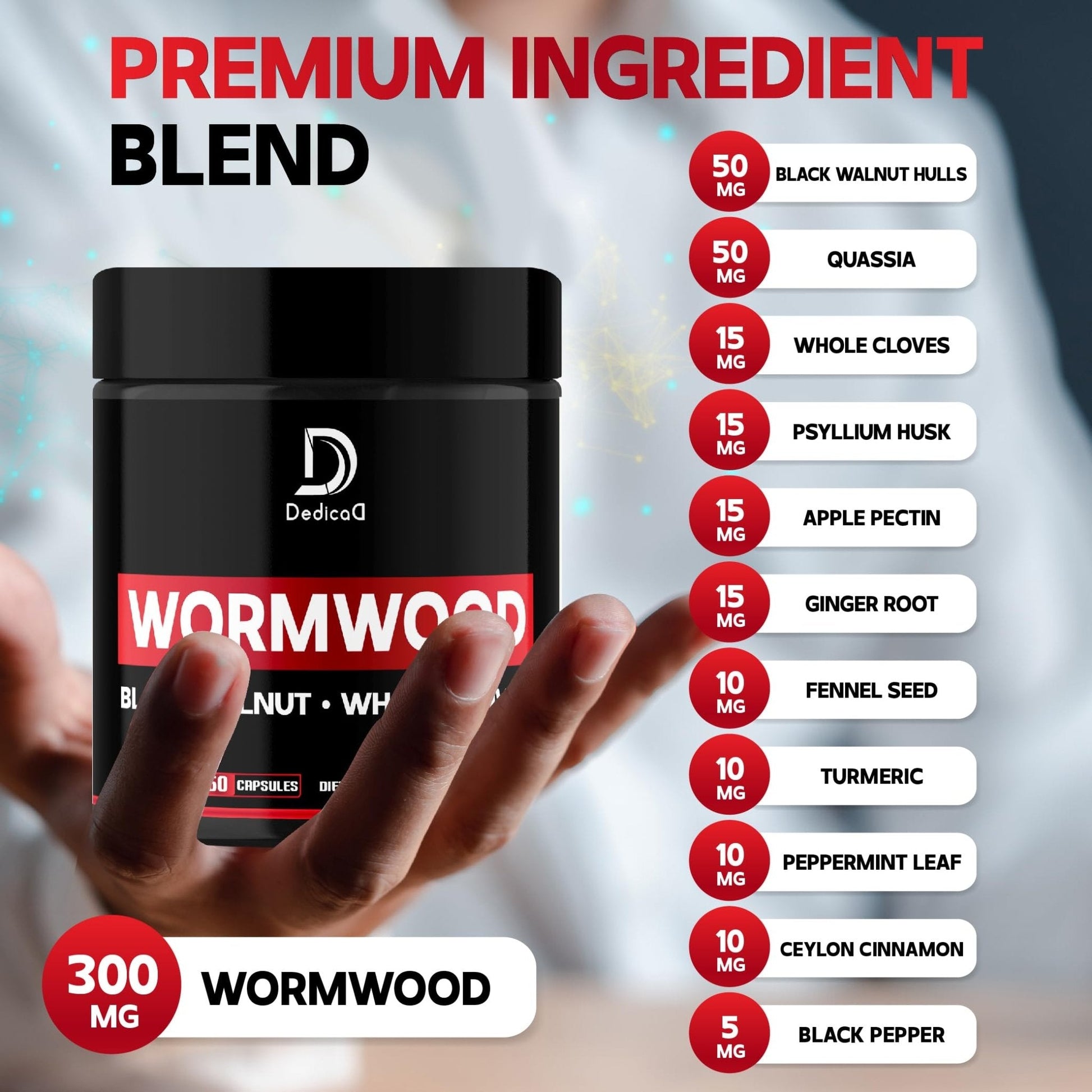 DEDICAD Wormwood Capsules - 12 Herbs Blended Black Walnut, Cloves, Ginger, Turmeric, Cinnamon, Apple, Quassia - 2 Packs 50 Capsules - Maple Wellness Supplements
