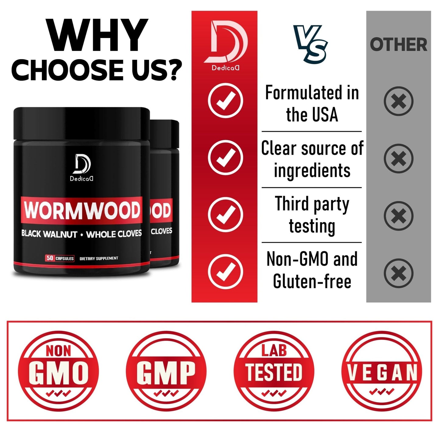 DEDICAD Wormwood Capsules - 12 Herbs Blended Black Walnut, Cloves, Ginger, Turmeric, Cinnamon, Apple, Quassia - 2 Packs 50 Capsules - Maple Wellness Supplements