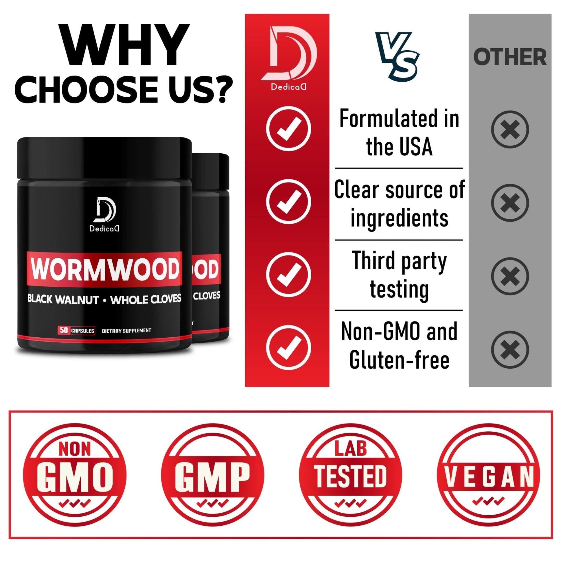 DEDICAD Wormwood Capsules - 12 Herbs Blended Black Walnut, Cloves, Ginger, Turmeric, Cinnamon, Apple, Quassia - 2 Packs 50 Capsules - Maple Wellness Supplements
